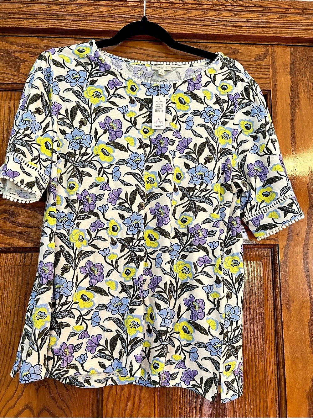 Talbots Floral Pom-Trim Top Floral Short Sleeve Shirt White & Blue, Size L, NWT